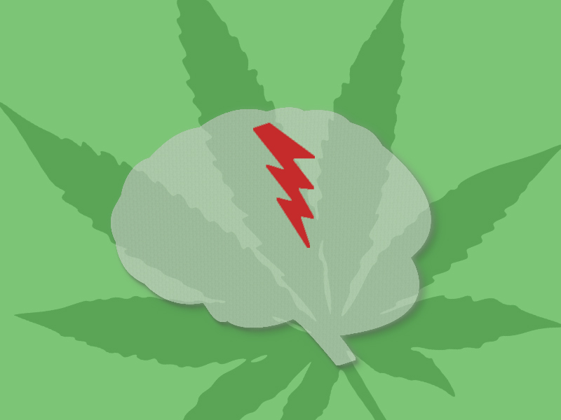 graphic of brain and lightening bolt on a marijuana leaf to illustrate medical marijuana for seizures